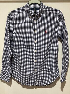 Ralph Lauren Boys L 14–16 Navy Gingham Button Down Shirt Preppy